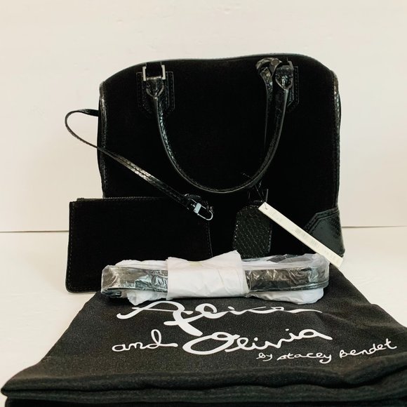 ALICE + OLIVIA SUEDE W SNAKESKIN TRIM HANDLE SATCHEL COIN PURSE W DUST BAG $495